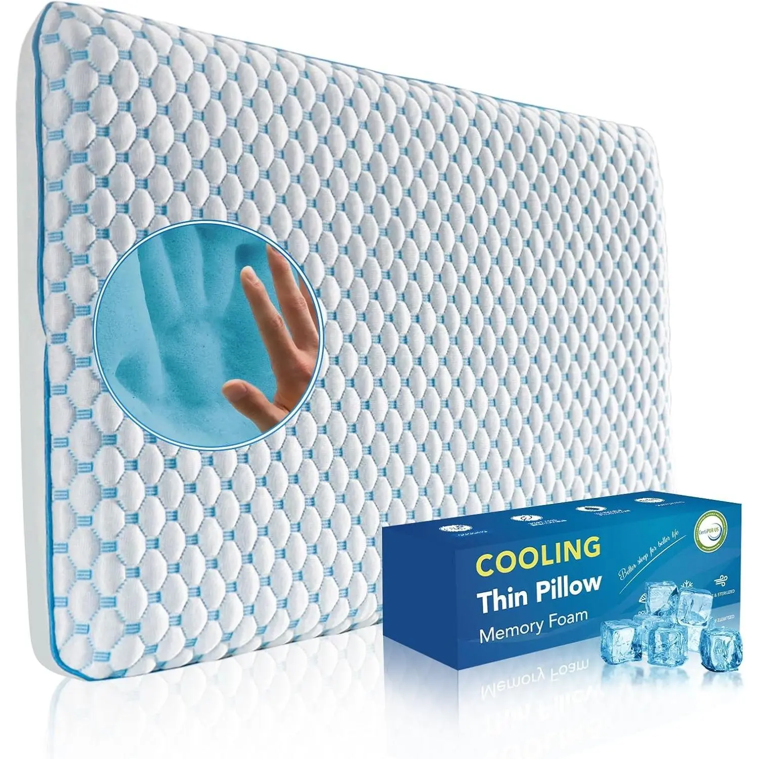 1.75-Inch Extra Slim Full Size Cooling Memory Foam Pillow - Ultra Thin Flat Soft Pillow for Stomach Sleepers, Back & Shoulder Neck Pain Relief