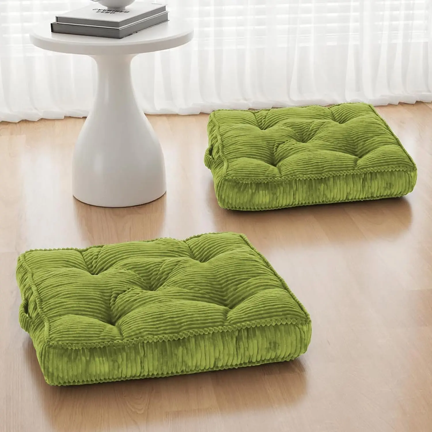Floor Pillow Set of 2, 24x24 Tufted Floor Cushion for Adults, Square Large Meditation Corduroy Sitting Pillow with Handle, Yoga Seating for Tatami, Light Green