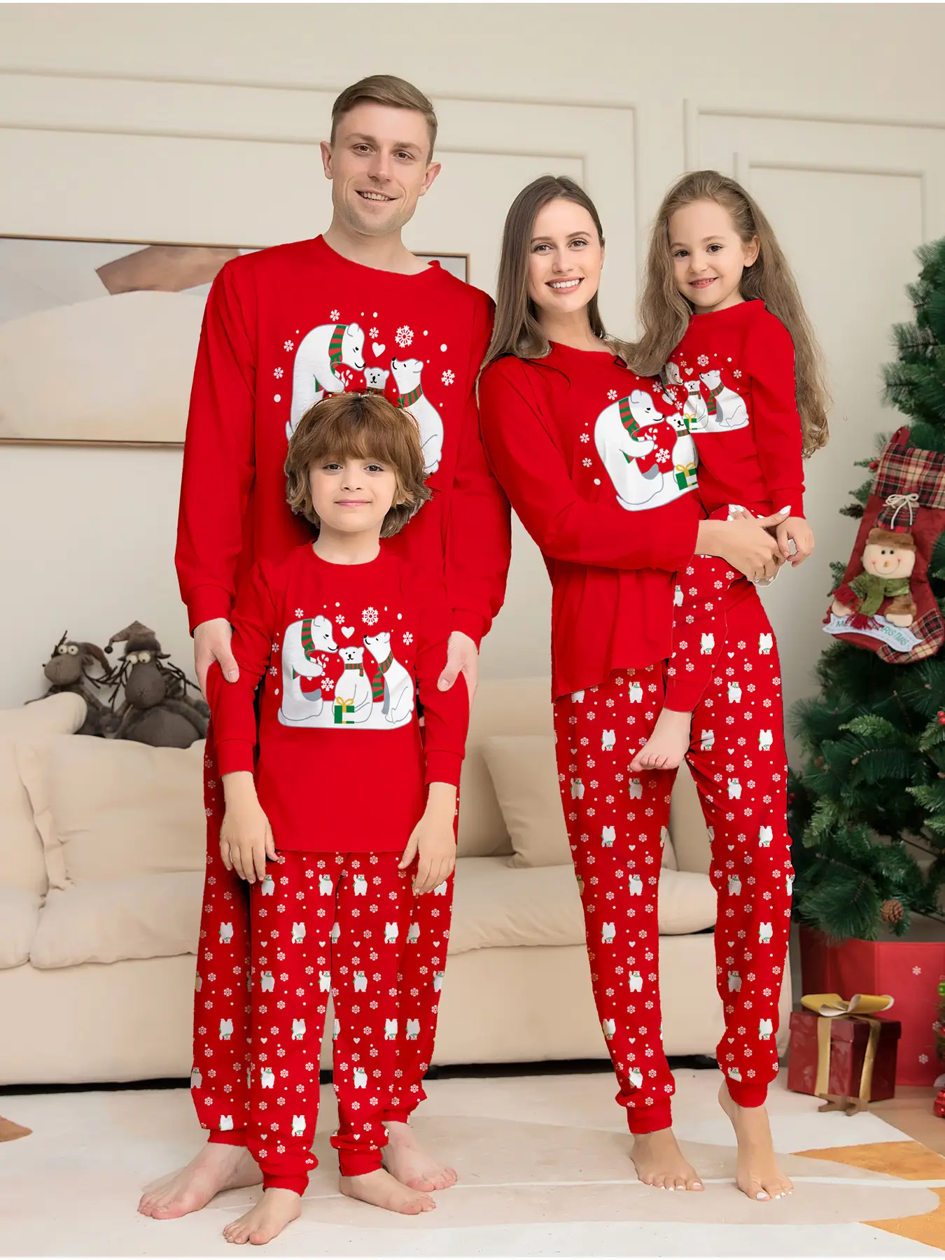 Family Christmas Pajama Set, Long Sleeve Round Neck Top, Elastic Waist Pants, Soft Breathable Knit Fabric, Fall Winter Home Wear