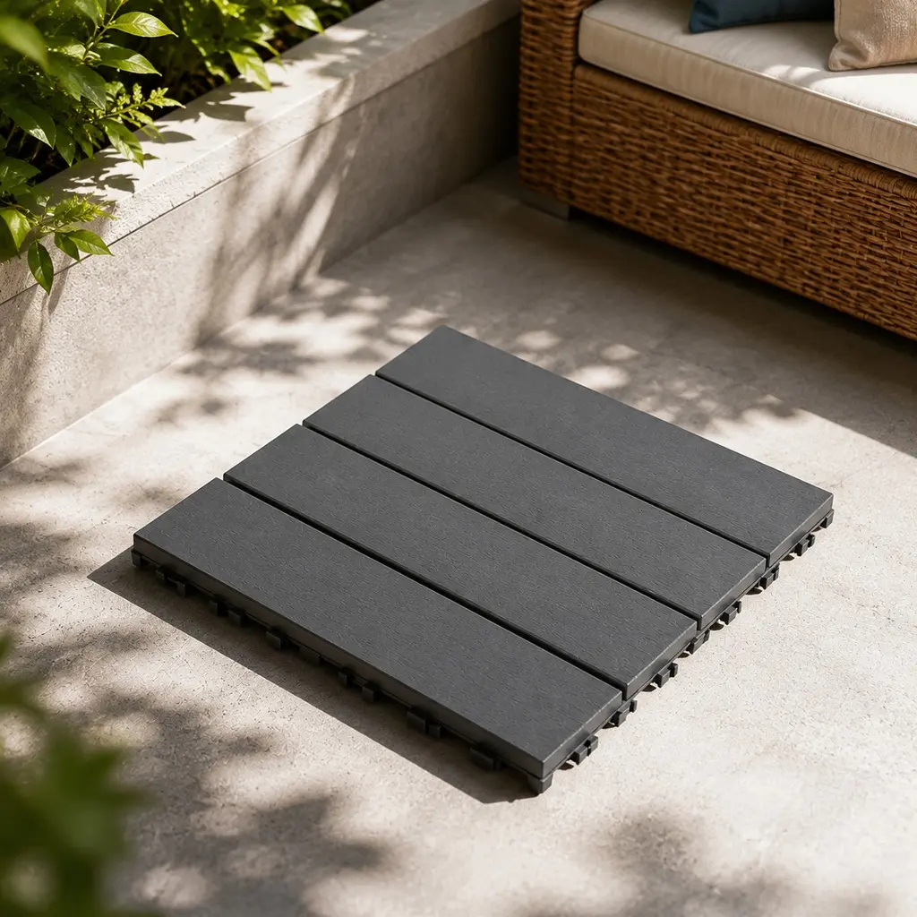 12x12 Inch Dark Gray Polypropylene Interlocking Deck Tiles, 44-Pack Waterproof Outdoor Patio Flooring, All-Weather Plastic Terrace Tiles for Garden, Balcony, Poolside, Backyard, Easy Install Snap-Together Decking Squares