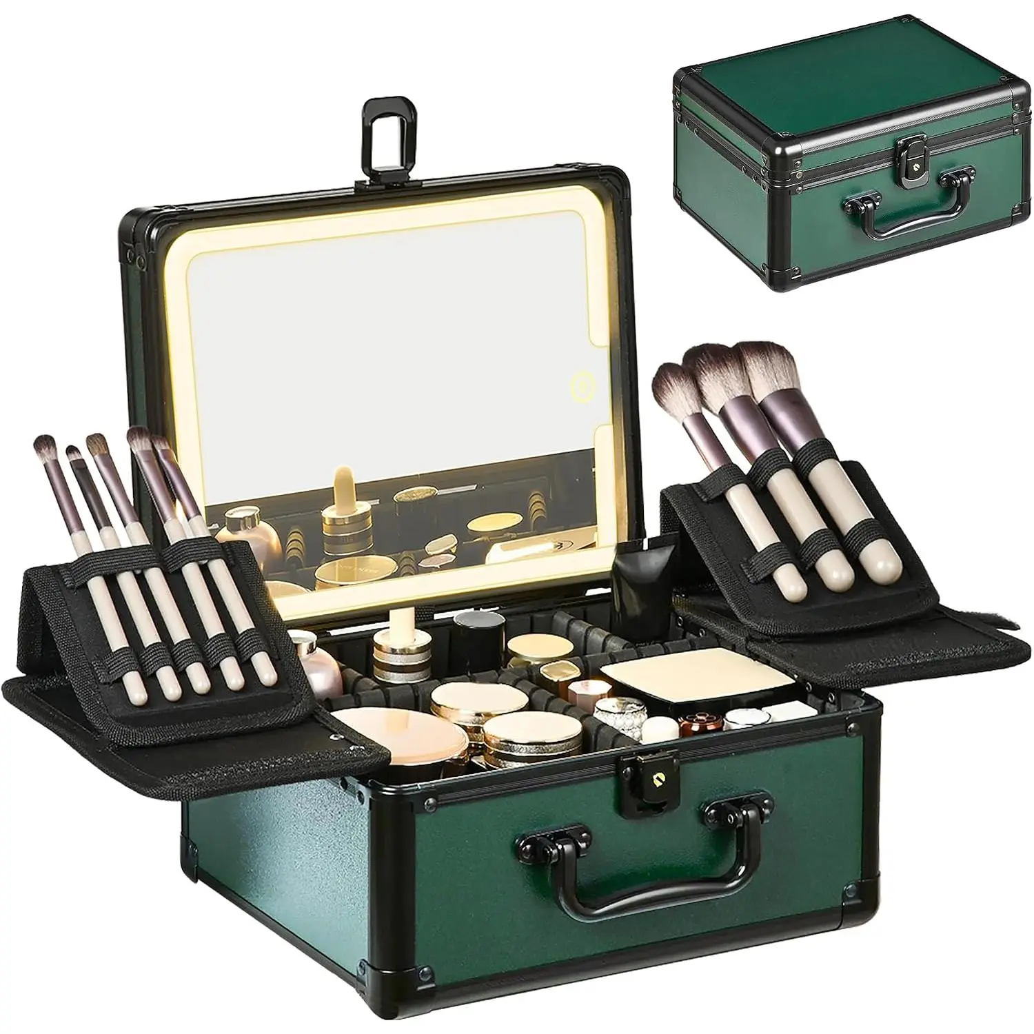 Makeup Case with Lighted Mirror, Makeup Box Organizer with Detachable LED Mirror, Travel Makeup  Case,   Organizer, Standing Makeup Brush Holder, , Black Green