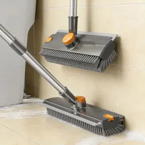3 in 1 Floor Scrub dusting Brush,Floor Scrubber with Squeegee and Tweezer, Push Broom with Long Handle,Heavy-Duty Stiff 90° Bristle Broom for Patio,Shower, Garage,Deck,Tile, Concrete & Wood Surface, Cleaning Tile Wall Deck Bathroom Patio Garage Kitc
