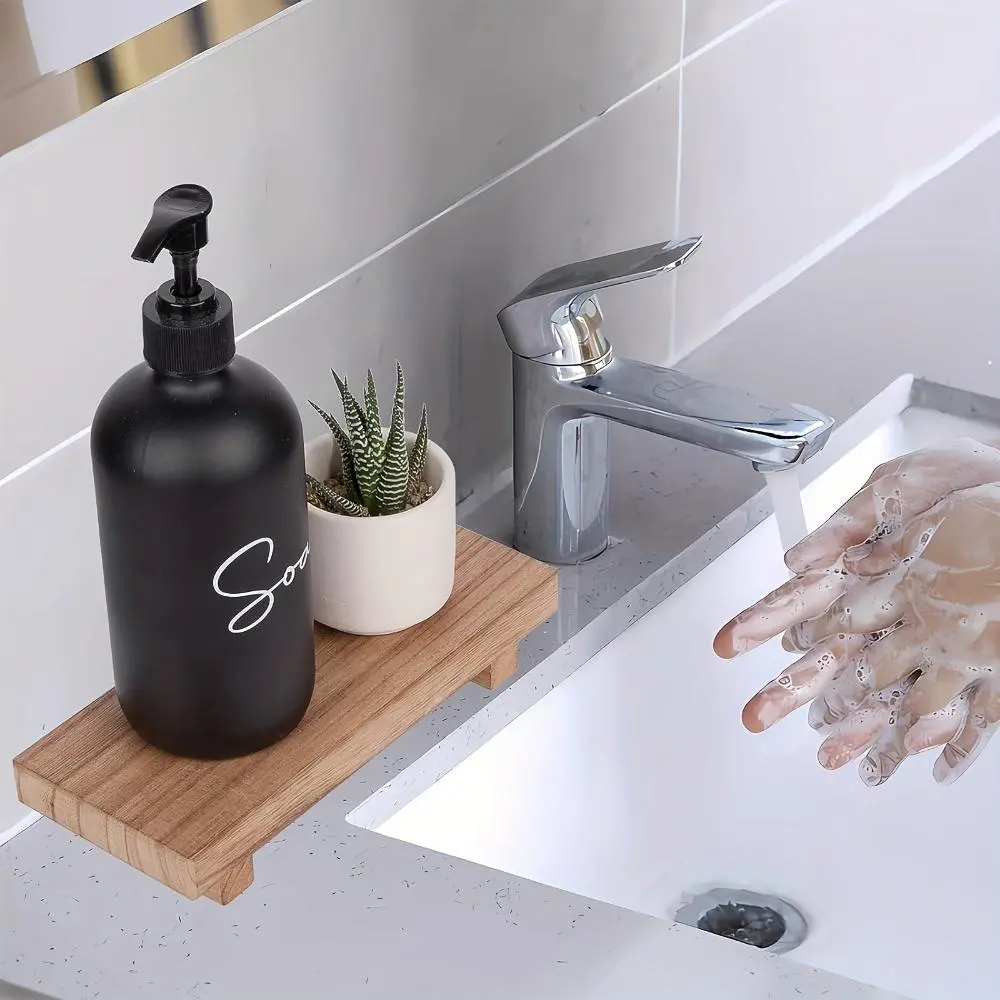 1pc Rustic Wooden Bathroom Tray, Rectangle Solid Wood Countertop Organizer Stand, Soap Holder for Farmhouse Decor, Kitchen & Bathroom Accessory, Bathroom Caddy Organizer, Bathroom Essentials Accessories