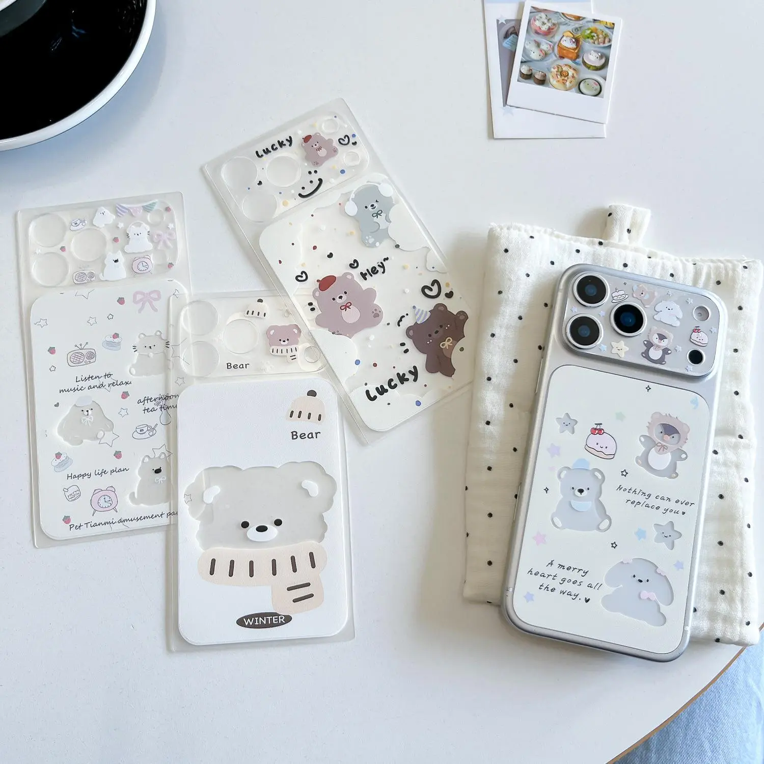 Cute Cartoon Bear Matte Frosted Phone Protector Set, Anti-Scratch Back Film with Camera Lens & Screen Protector, Kawaii Daily Phone Accessory