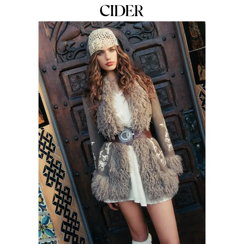 Cider Velvet Collar Faux Fur Trim Graphic Coat SohoChic