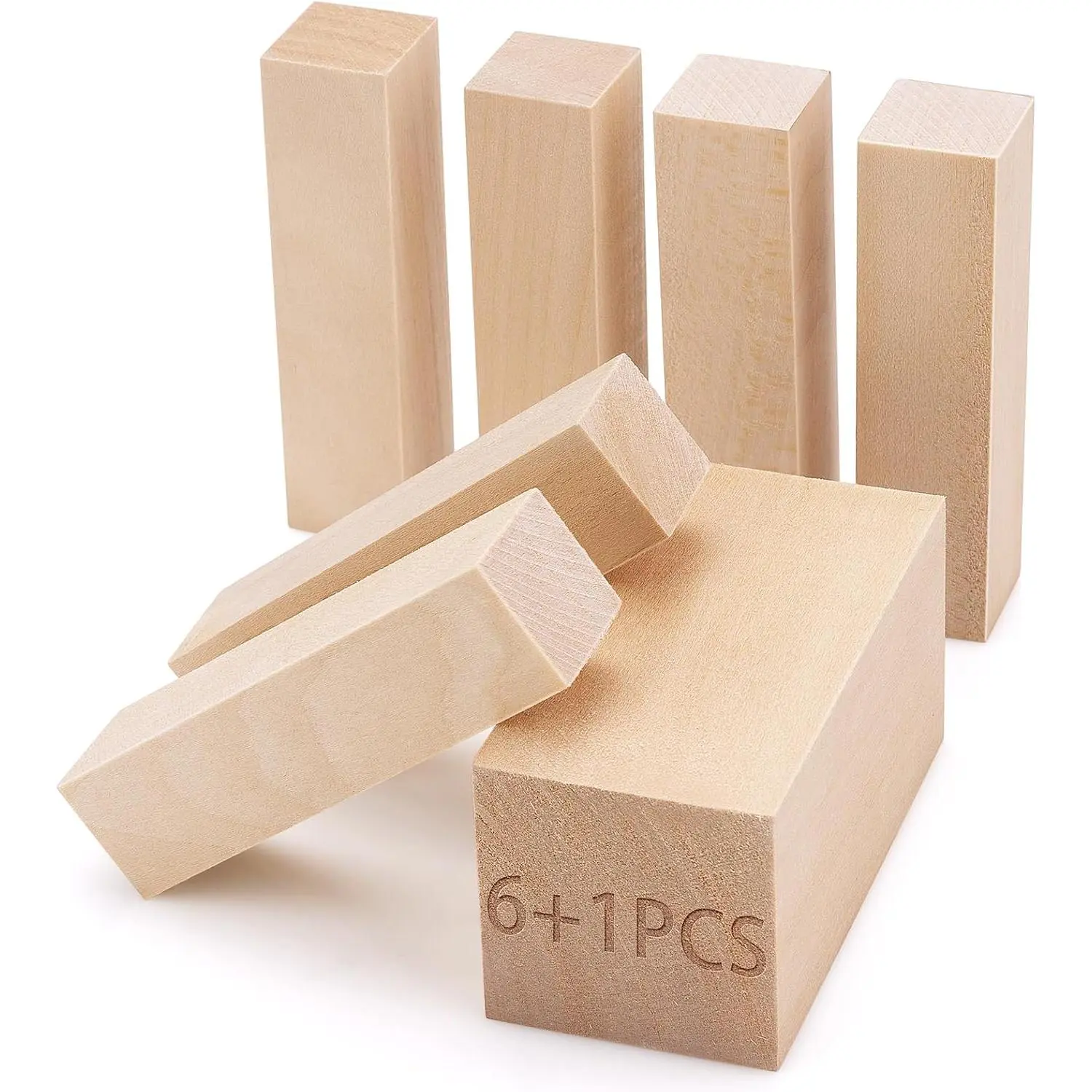 7 Pcs Basswood Blocks for Carving & Whittling - 2 Sizes (4x1x1 & 4x2x2 Inches), Premium Wood Set, Ideal for Crafts, Model Building, and Artisans