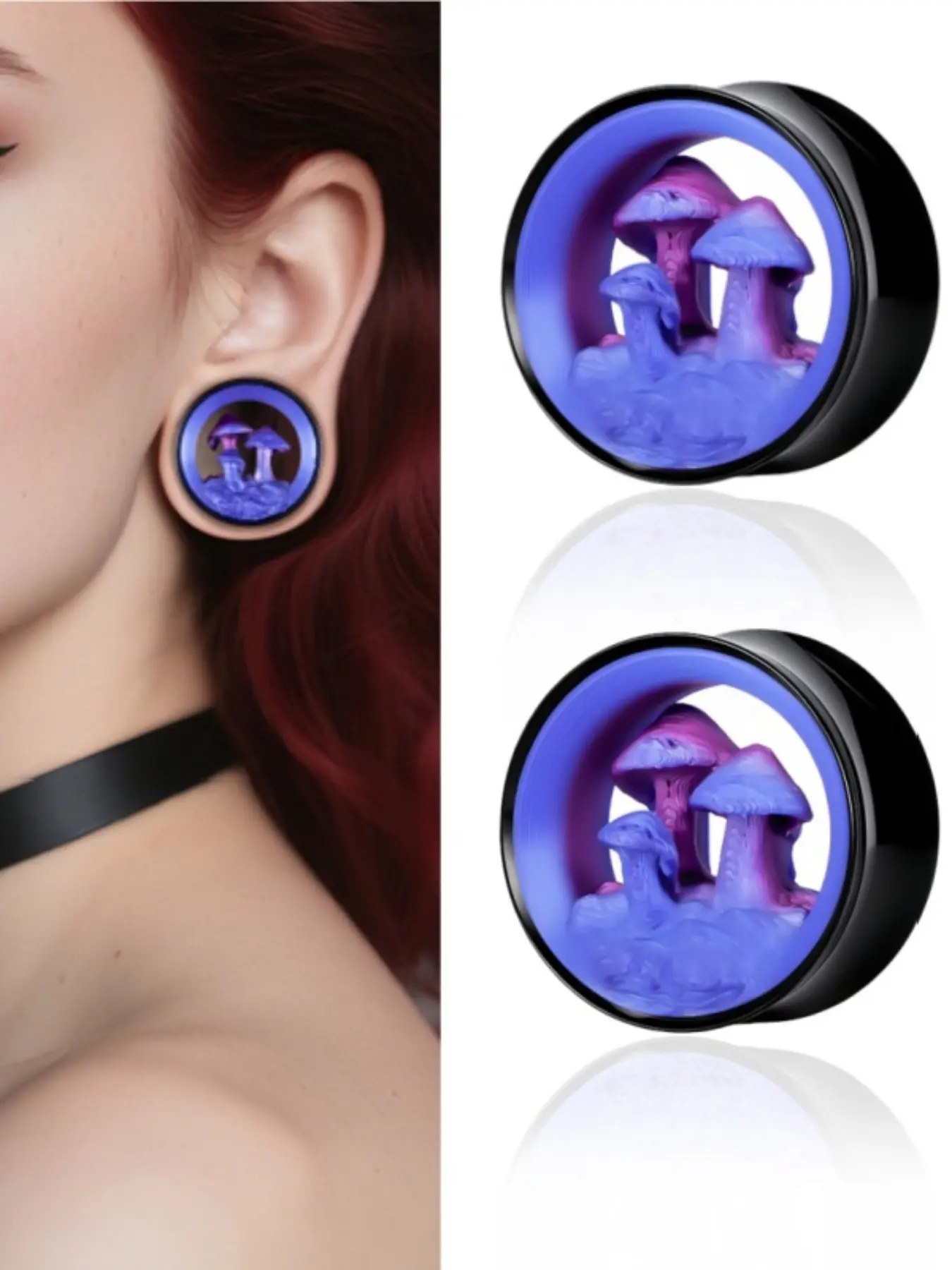 vanku 2pc Stainless Steel Hypoallergenic Gradient 3D Mushroom Ear Tunnel Plugs, Punk Style, All Seasons, Fantasy Piercing Jewelry, Statement Earring, Punk Earrings, Ear Gauge Tunnels for Women