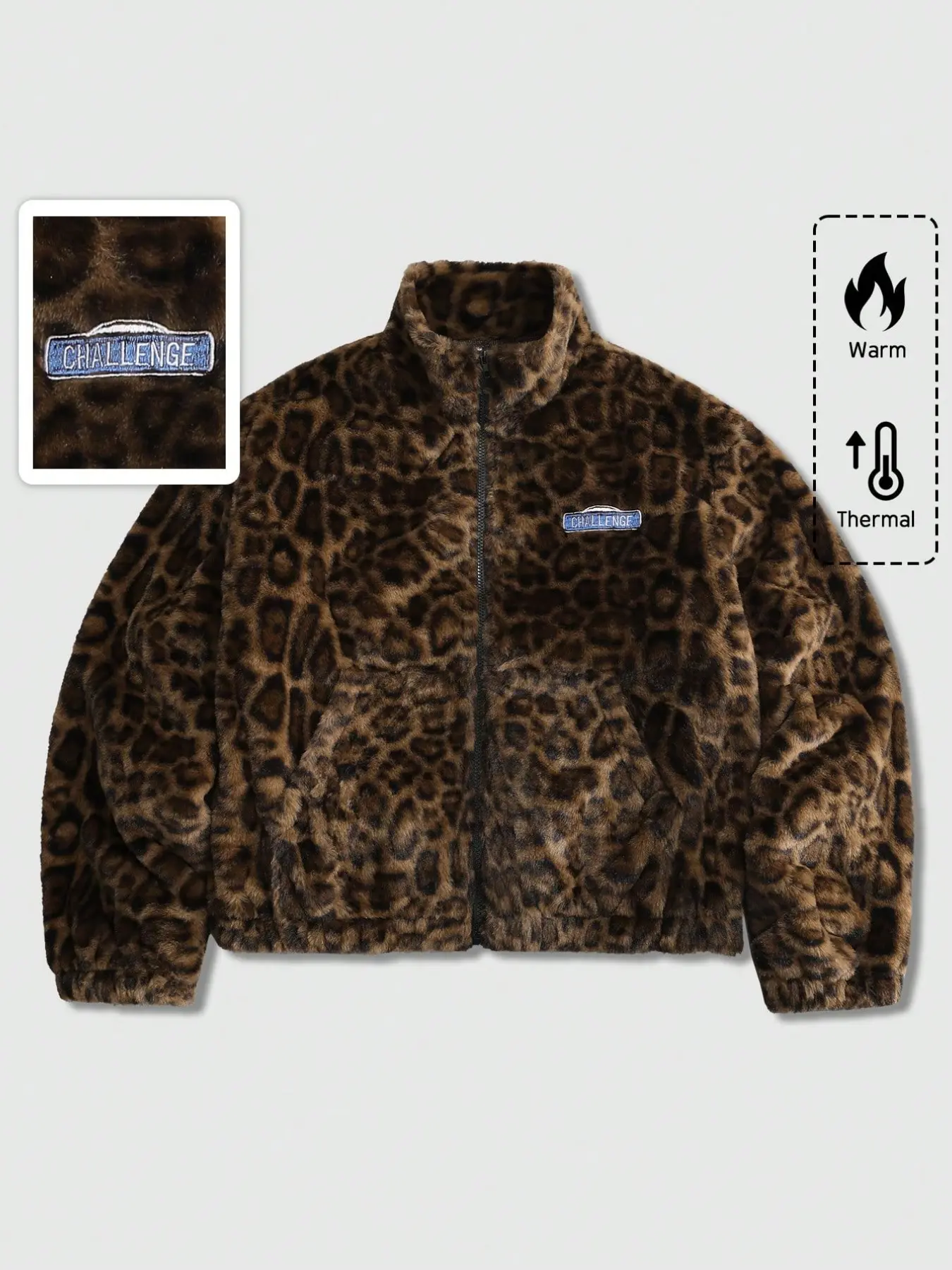 Leopard Print Faux Fur Coat, Vintage Millennial Loose Stand Collar Warm Thick Winter Jacket, Unisex Streetwear Outdoor Casual Wear