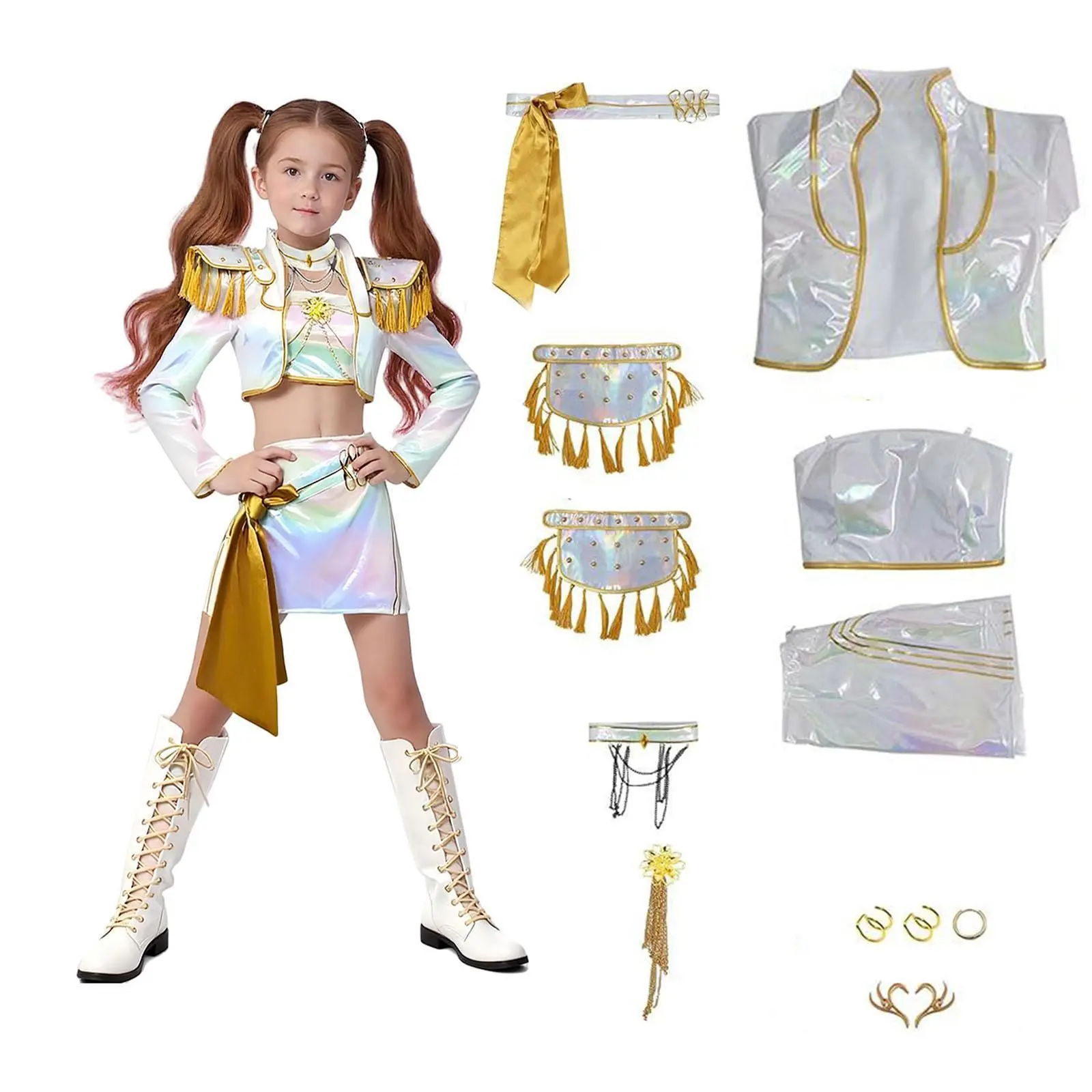 Girls' Sparkle Print 2-Piece KPop Dance Costume Outfit Set - Anime Cosplay Skirt & Top for Halloween, Birthday Party, Everyday Wear, Two-Pieces Costume For Parties Costume Use