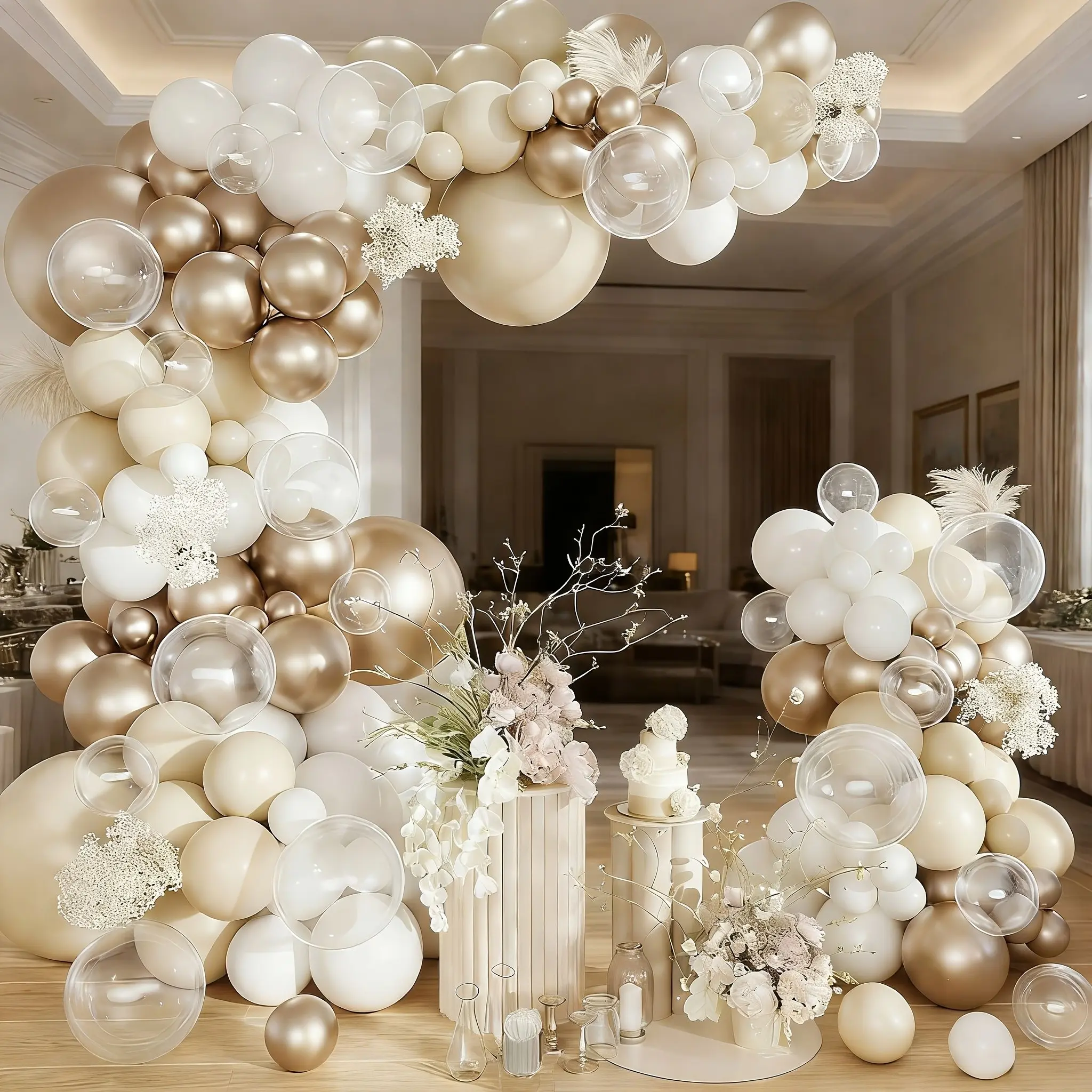Gold & White Balloon Garland Kit, Elegant Themed Party Decor for Wedding, Graduation & Birthday, Indoor Outdoor Home Restaurant Backdrop Decor for Engagement Ceremony, Balloon Arch Decoration