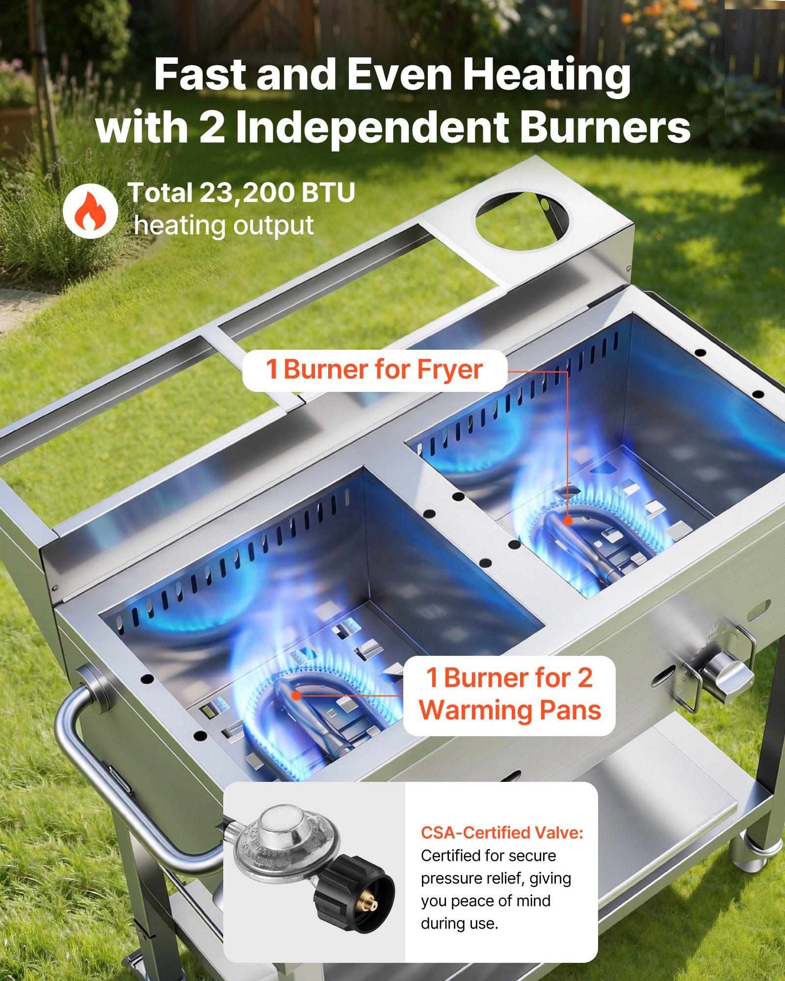 VEVOR Outdoor Propane Deep Fryer, 2 Burners (11,600 BTU Each), Commercial Fryer with Two 1/3 Size Food Warming Pans, Multi-Purpose Frying Cart with 4 Lockable Wheels, for Fried Chicken & Fries