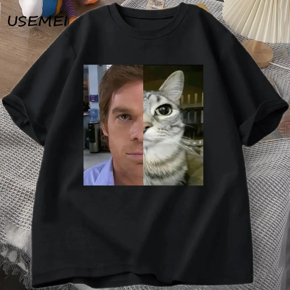 Funny Dexter Morgan Cat Graphic Printed Cotton Crew Neck T-Shirt, Unisex Harajuku Streetwear Casual Short Sleeve Fashion Tops Tees For Men Women