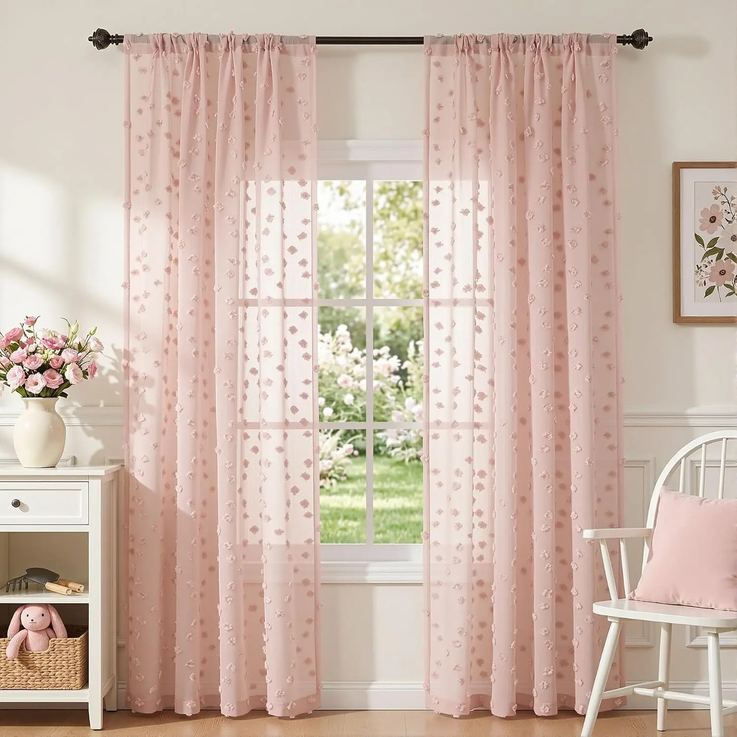 Polyester Pom Pom Sheer Rod Pocket Curtains, 2 Panels (38" W x 72" L), Light Filtering Boho Dusty Rose Drapes for Girls' Bedroom