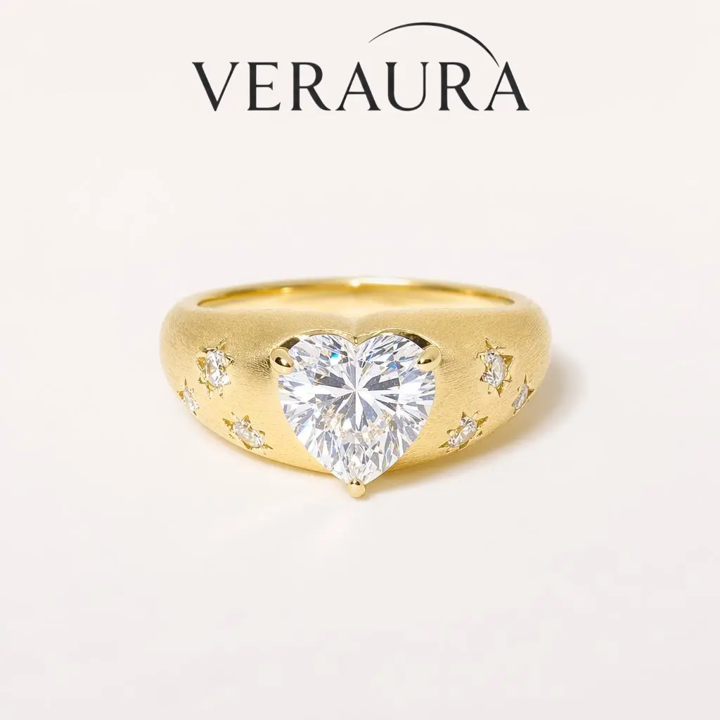 Women's 3CT 5A Heart Cut Cubic Zirconia Ring - Brushed Finish Gold-Plated Brass, Tarnish-Resistant, Hypoallergenic, Everyday Wear Heart Promise Ring, Vintage Gift