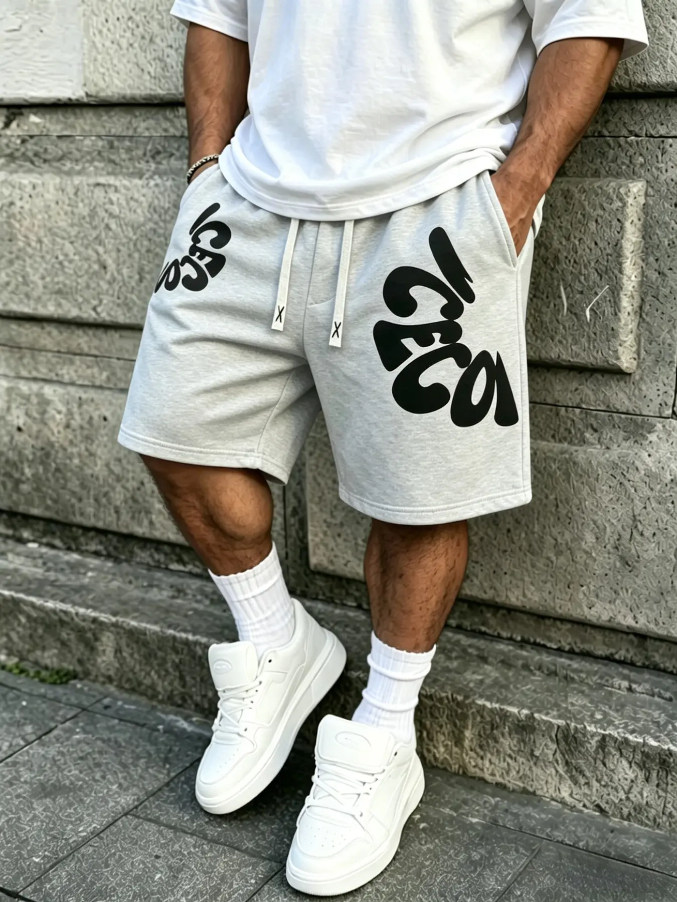 Men's Plus Size Letter Print Drawstring Waist Elastic Polyester Shorts, Summer Casual Style, Comfortable and Stylish, Perfect for Daily Wear, Graphic Loose Shorts