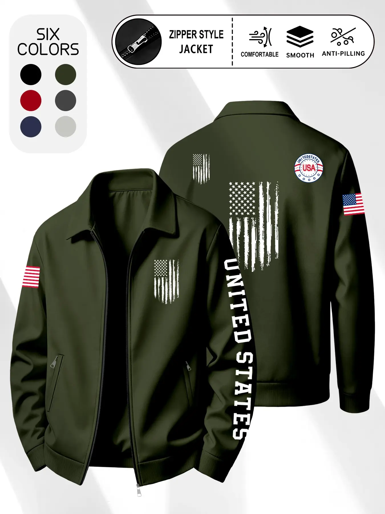 Men's Vintage Usa Flag Print Jacket, Lapel Collar Zipper Long Sleeve Outerwear, Loose-Fit Casual Coat, Spring & Fall, Multiple Colors Available