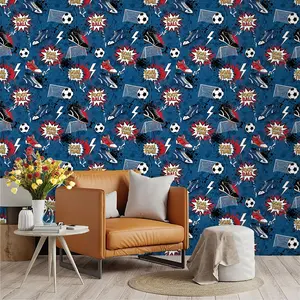 Street Art Football Theme Wallpaper, Deep Blue PVC Mould-Proof, Peel-And-Stick, Ideal for Living Room, Kitchen, Bedroom Decor