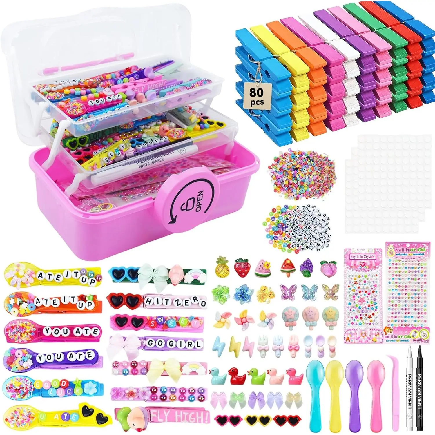 Cheer Pin Kit with 3-Tier Storage Box, 1460Pcs DIY Making Supplies for Cheerleaders, 80 Wooden Clothes Pins, 20 YOU ATE Spoons, Volleyball & Dance Spirit Clips Decorations, Girls Cheer Team Gifts Bulk