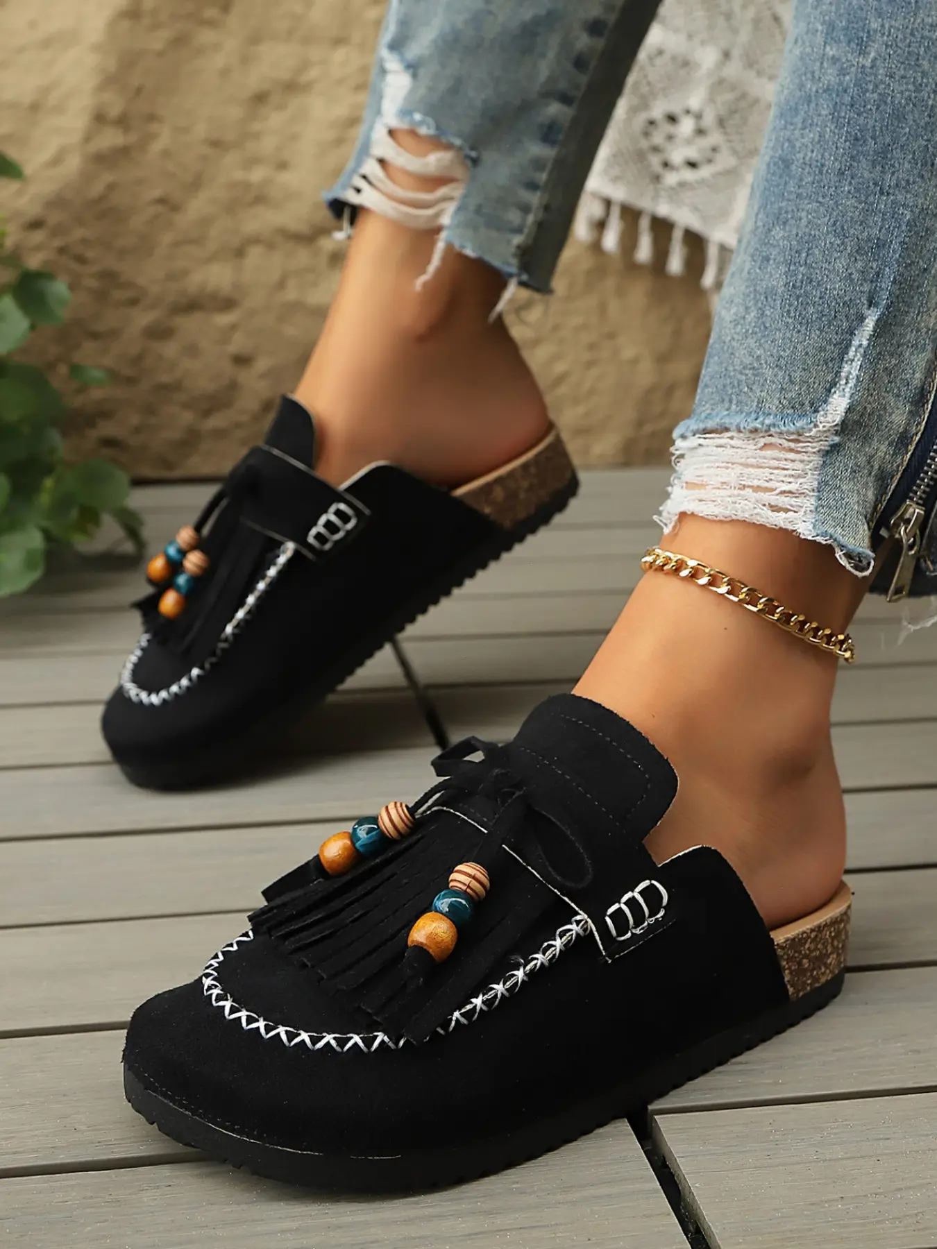 Boho Fringe Wood Bead Slip-On Mules, Comfortable Ethnic Style Footwear, Soft Sole Lazy Girl Shoes, Women's One-Step Sandals