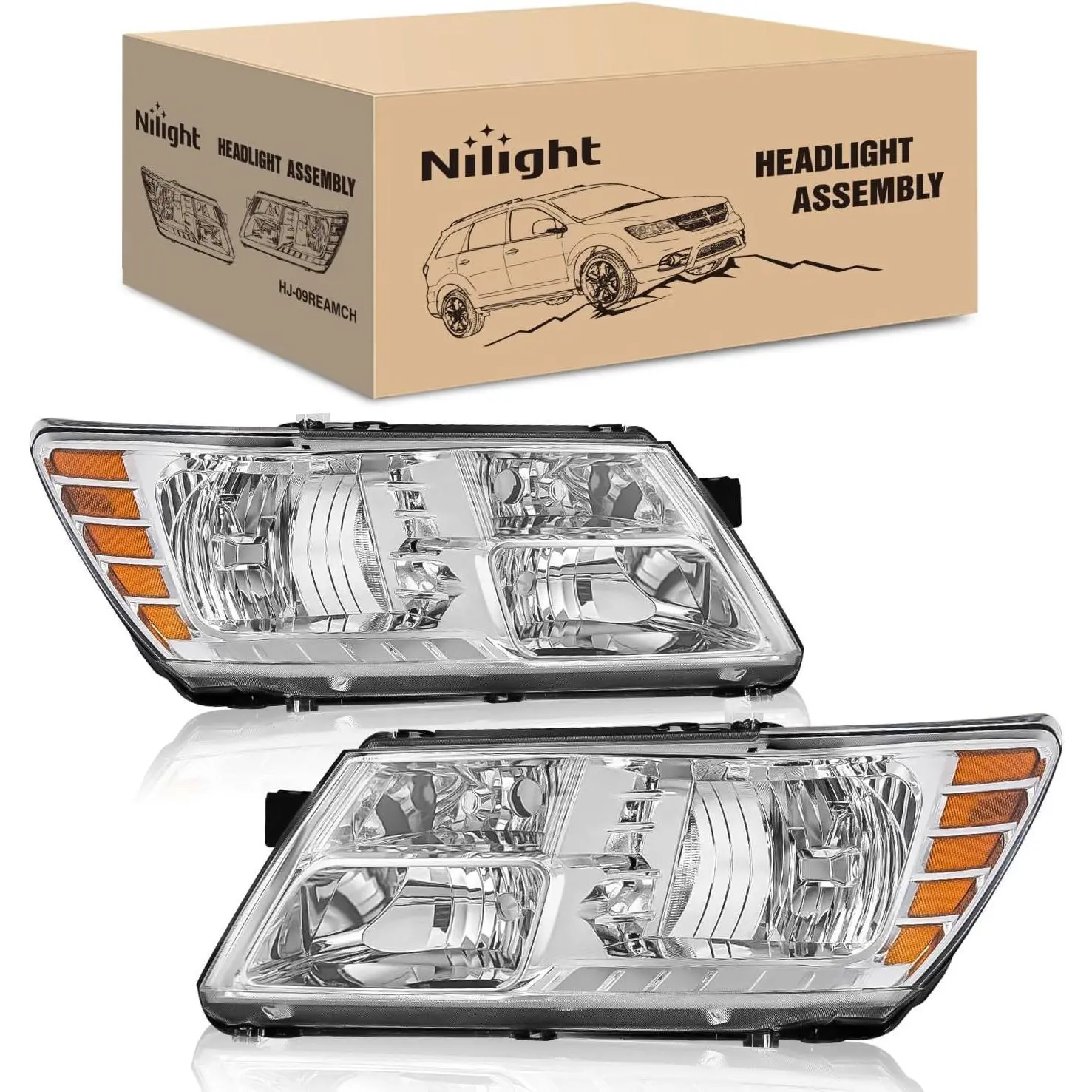 Nilight Luminous Durable Polycarbonate Headlight Assembly Pair Set - 2009-2020 Fit for Dodge Journey, Chrome Housing, Amber Reflector, Adjustable Beam, Anti-Fogging, IP65 Waterproof, Driver & Passenger Side, Car Lighting, 5116288aa, Plug-and-Play, Yes