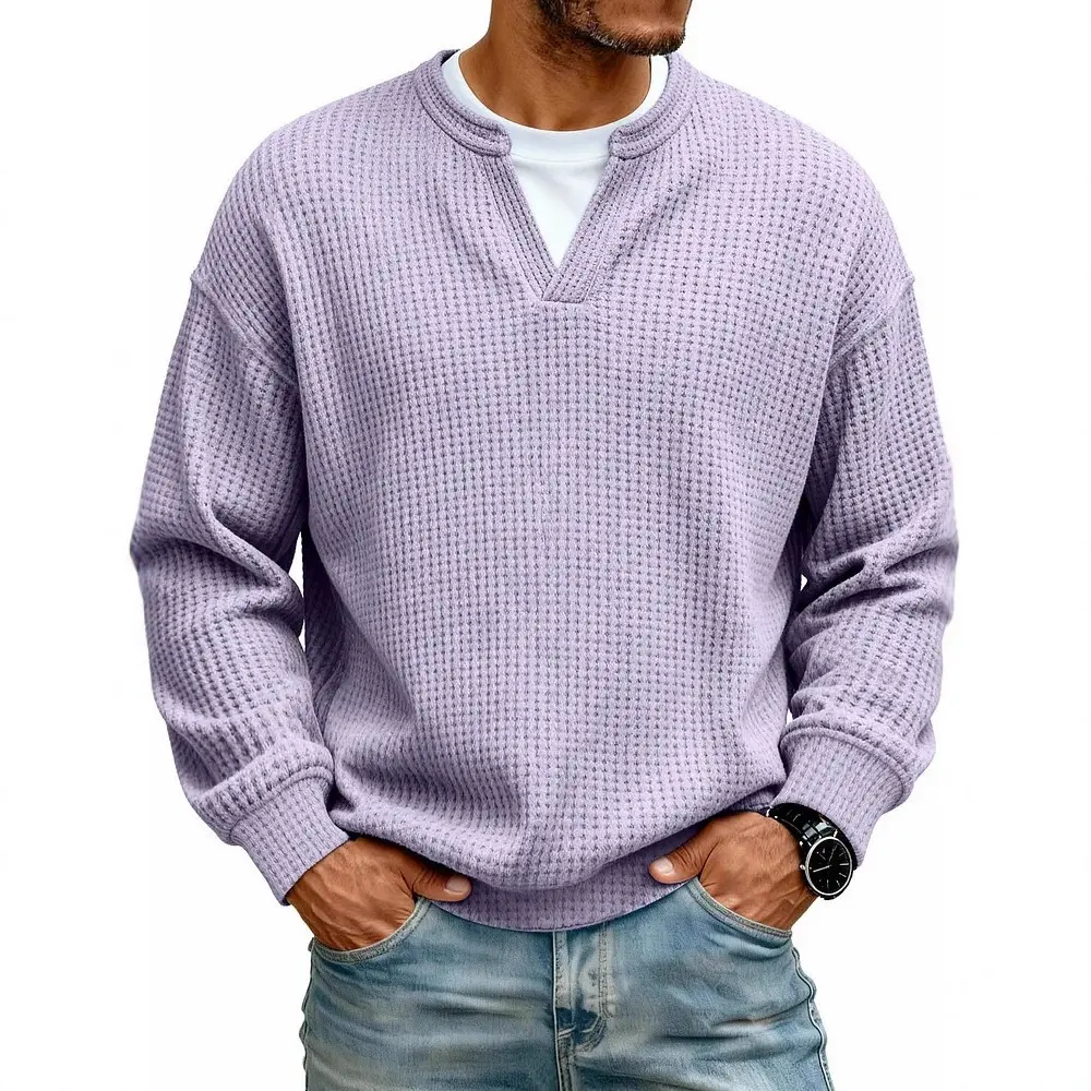 2026 New Spring/Summer Men's Minimalist Waffle-Knit Long-Sleeve T-Shirt – Versatile Solid-Color V-Neck Pullover (Western Market Style)