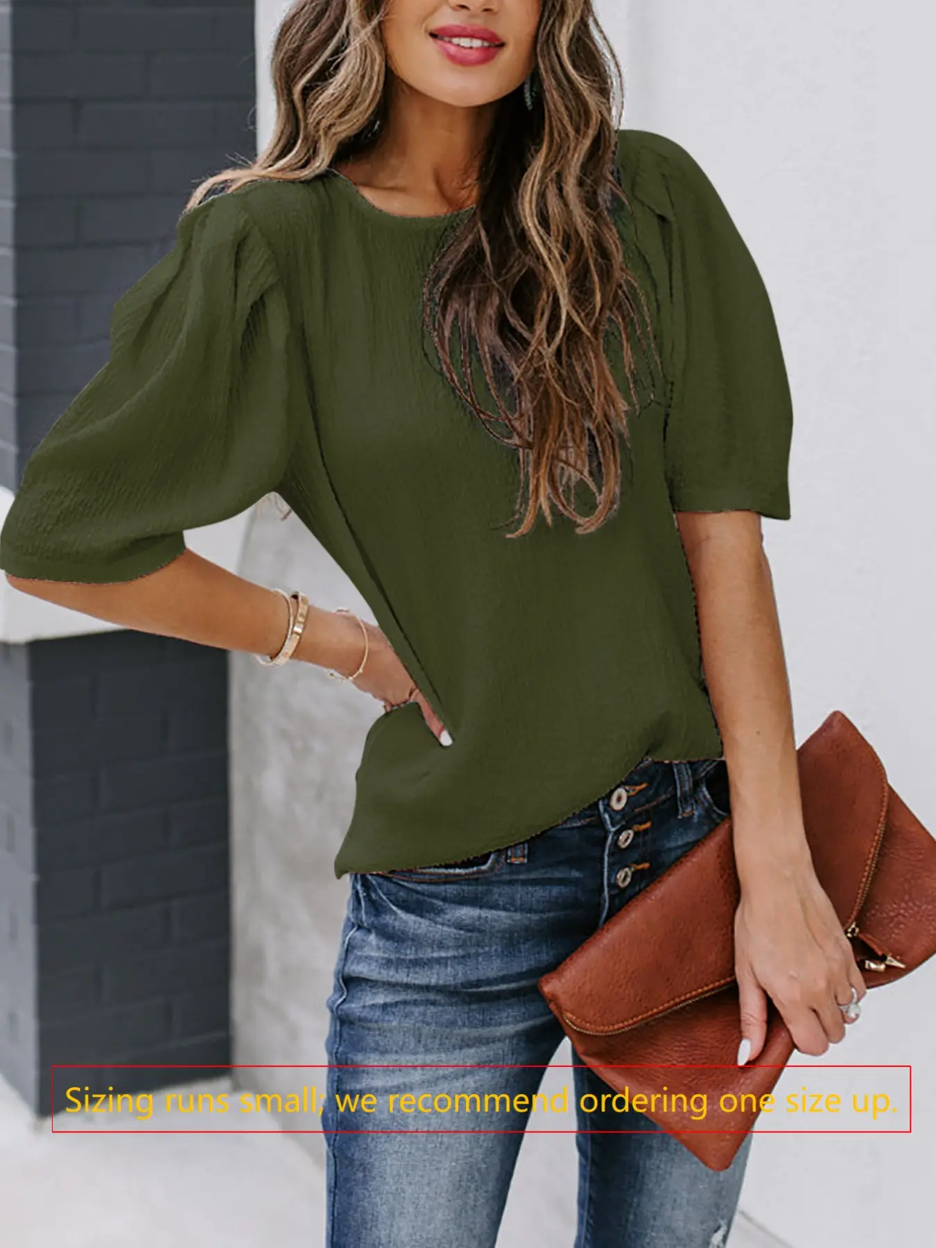 Women's Minimalist Casual Solid Color Summer Bubble Sleeves Top, Short Sleeve Round Neck T-Shirt, Elegant Fitted Top for All Seasons