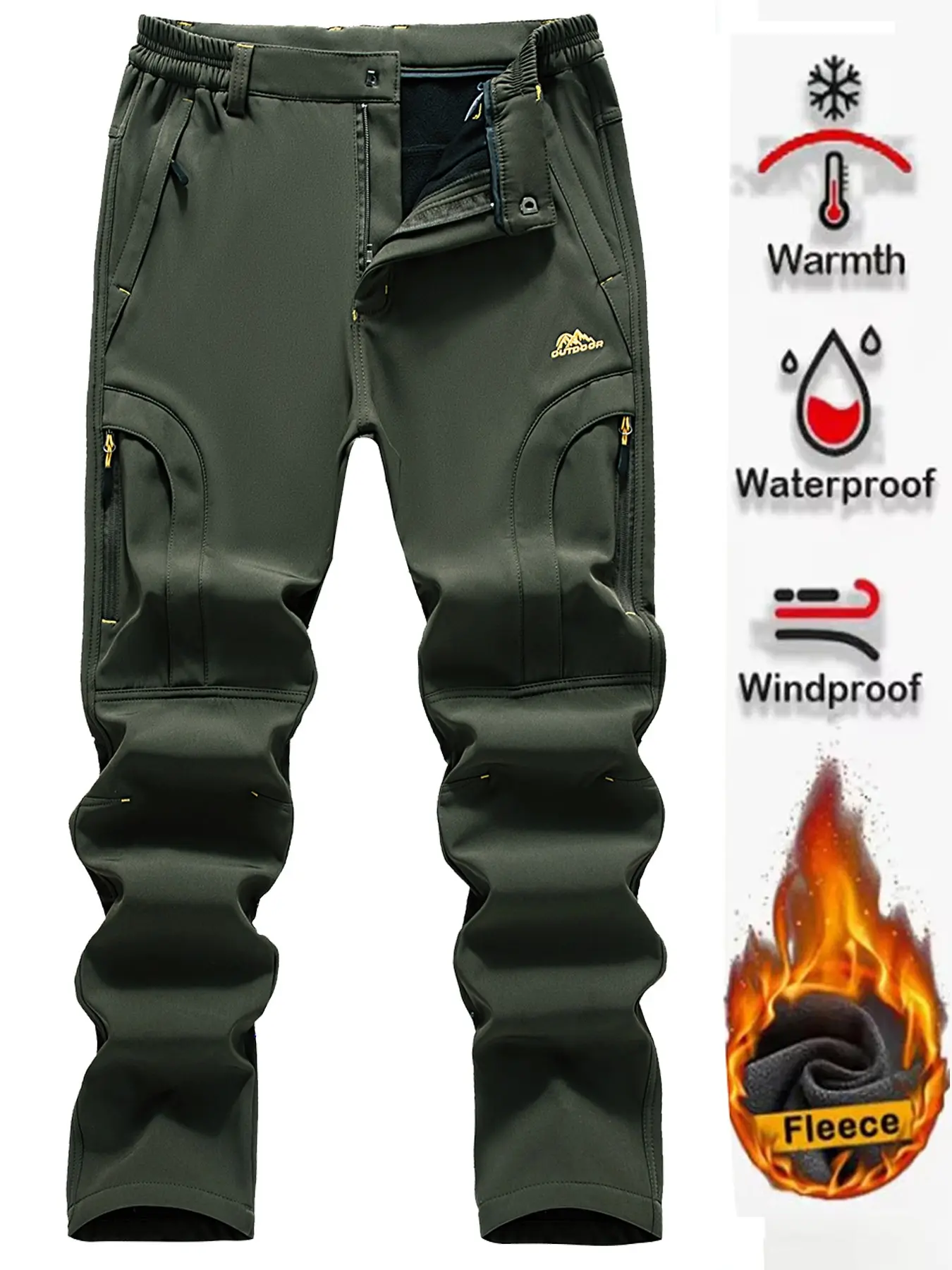 Men's Waterproof Hiking Pants, Outdoor Fleece Lined Snow Ski Pants, Winter Softshell Snowboard Pant, Casual Fitted Zipper Fly Trousers