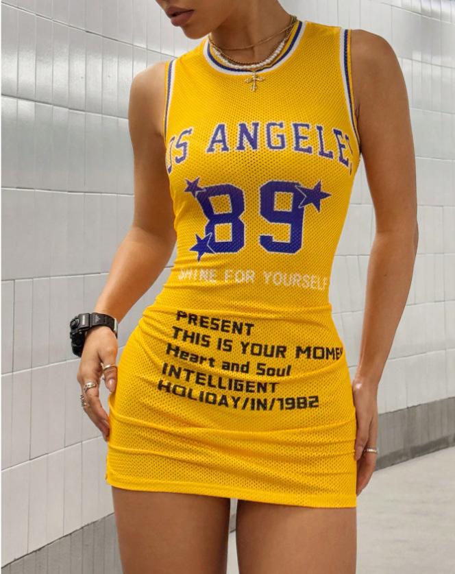 Outdoor trendy sporty color-block printed bodycon tank top short dress