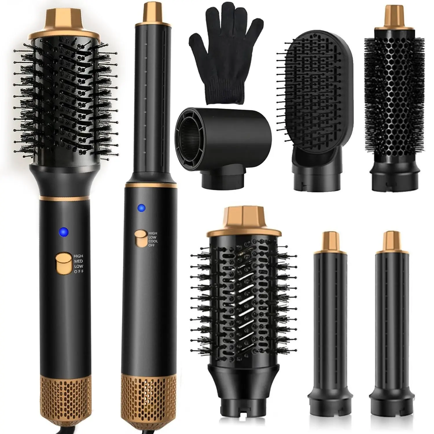 6-In-1 Hair Styling Kit with Gloves, Multi Functional Styler, 33,000 Rpm Hot Air Brush, Curling Wand, Straightening Tool, Smoothing, Smooths and Dries Hair Efficiently