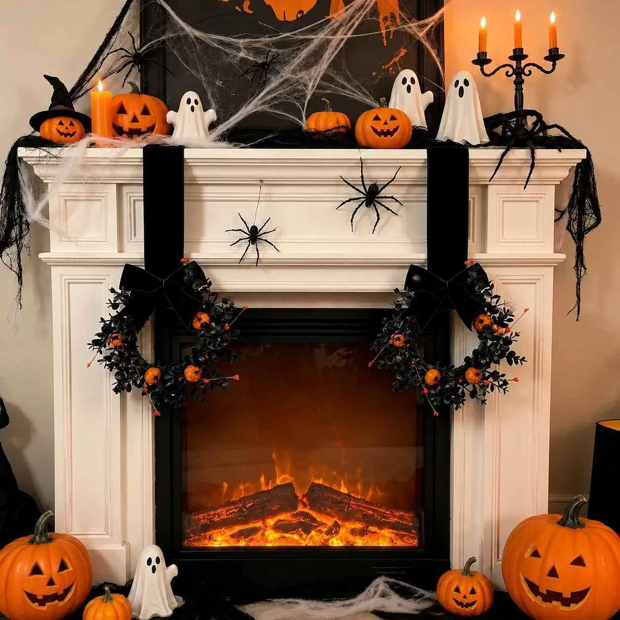 Halloween Wreath, Black Eucalyptus Door Decor with Mini Pumpkins and Velvet Bow, Elegant Spooky Front Door Wreath for Fireplace Mantel, Fall Halloween Home Decoration