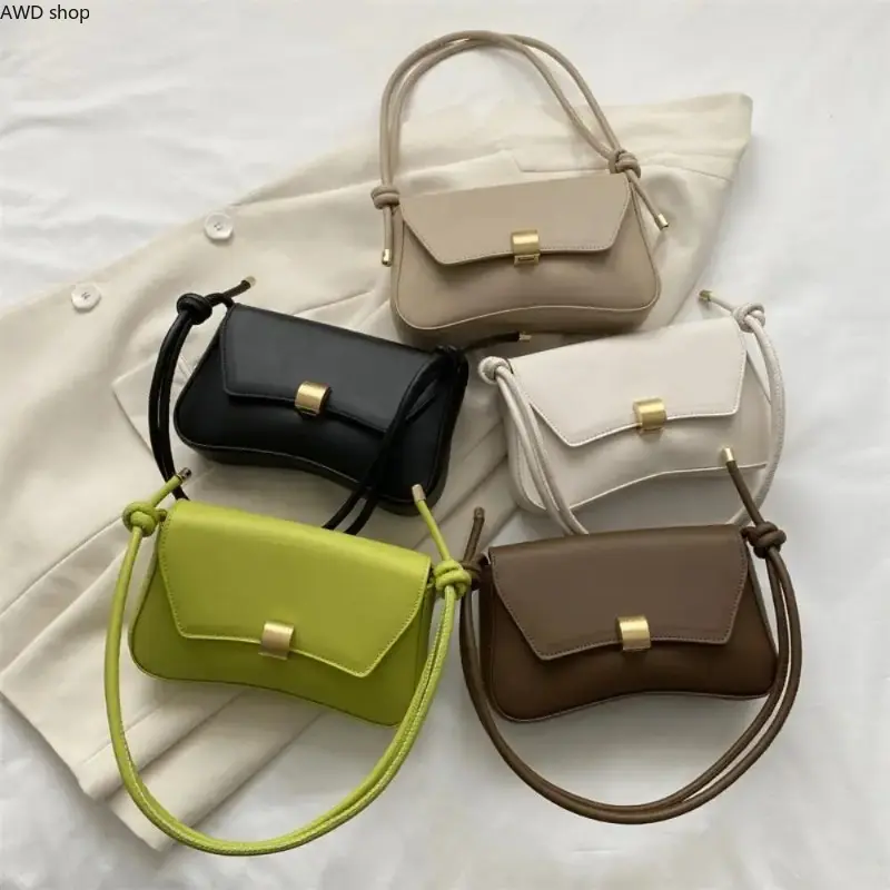 Women’s Curved Baguette Underarm Shoulder Bag, Minimalist Faux Leather Handbag with Knotted Strap & Gold Lock Detail, Chic Sling Purse for Daily Commute, Dating & Casual Going‑Out