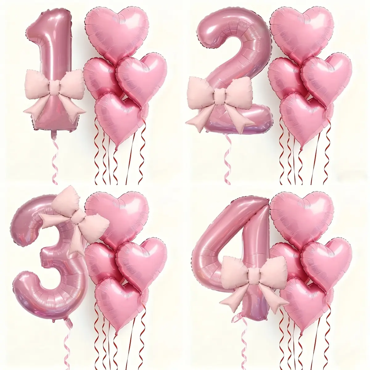 6pcs/set Pink Number Bow Party Balloons with Heart Balloons Set for Birthday Party, Gathering Decoration, Anniversary, Festival Celebration, Background Wall, Outdoor Party, Atmosphere, Photo Decorative Globs Supplies