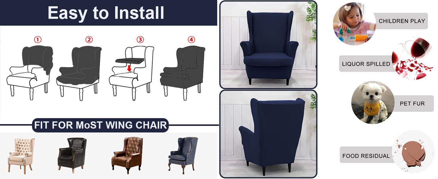 NILUOH Wingback Chair Cover 2-Piece Soft Stretch Wing Chair Slipcover Solid Color Armchair Sofa Couch Cover Furniture Protector with Elastic Bottom for Living Room Bedroom (Navy)