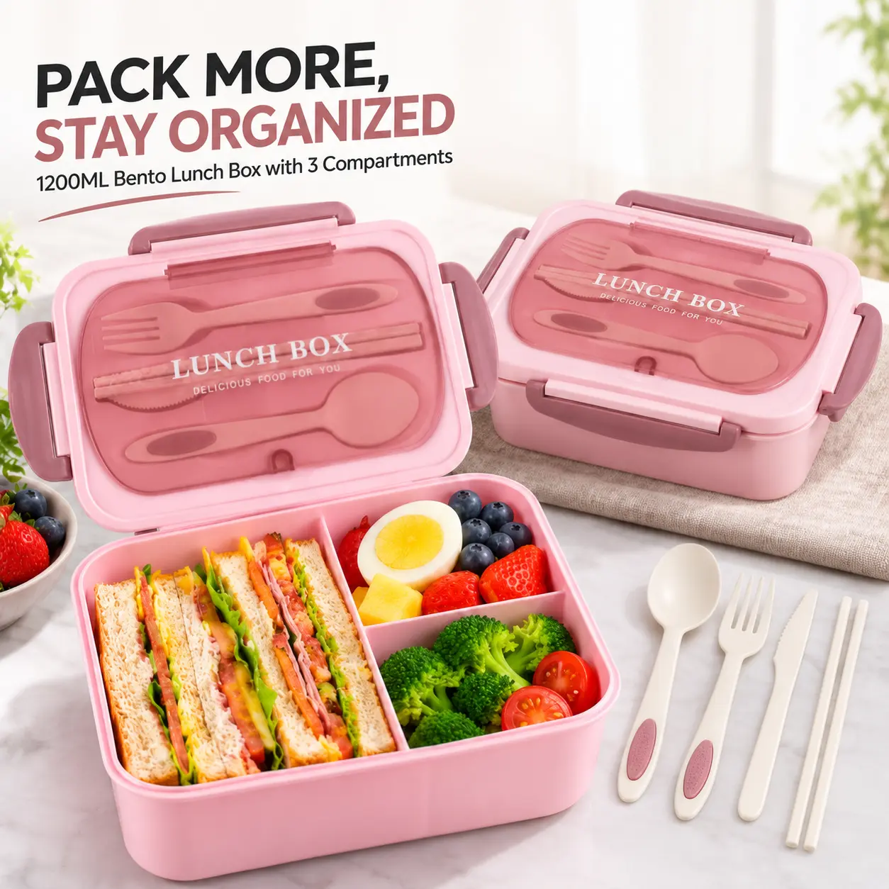 MIUVA Sturdy 1200ML Leakproof Single-Layer 3-Compartment ABS Plastic Lunch Box for Men, Reusable Food Container with Utensils, Ideal for Work & Meal Prep, Portable Lunch Solutions, Lunch Boxes
