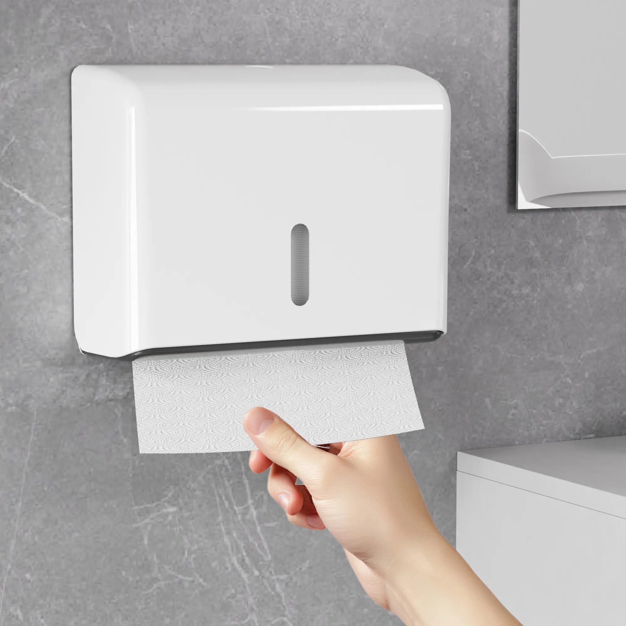 High-capacity wall-mounted paper towel dispenser (holds 200 sheets) – includes drill-free mounting hardware; suitable for bathrooms and kitchens; waterproof design; a bathroom essential and kitchen storage solution featuring a minimalist, modern style.
