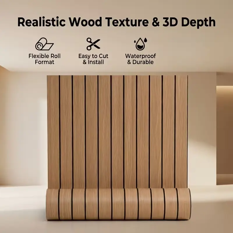 1 roll of 3D self-adhesive wood-grain wall panels, with thick waterproof straight lines and highly realistic wood texture, easy to stick and peel off. Suitable for TV backgrounds in living rooms, bedrooms, dining rooms, kitchens, and ceiling decoration. M