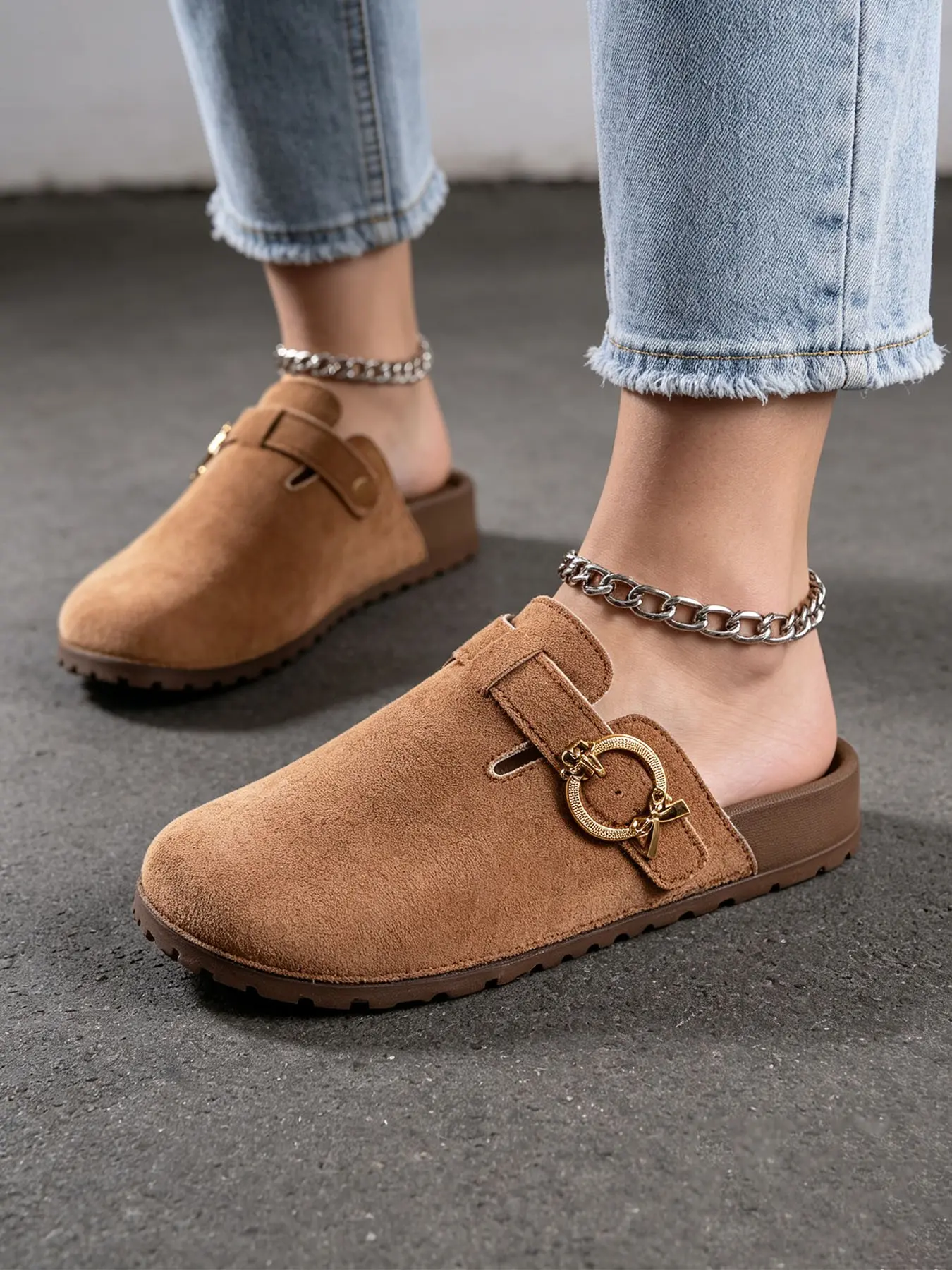 Women's Round Toe Adjustable Buckle Mules, Solid Fabric Slippers, Casual Eva Sole, All Seasons, Home & Outdoors, Soft Soled Mules