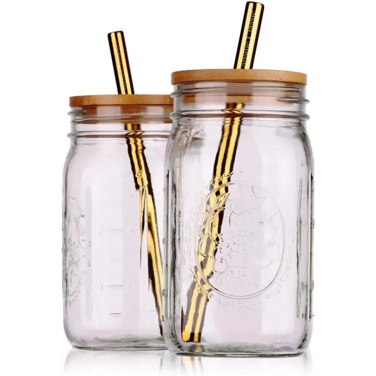 Boba Bubble  & Smoothie Cups - 2 Glass Wide Mouth 32oz Mason Jars with   - 2   Stainless Steel Boba Straws