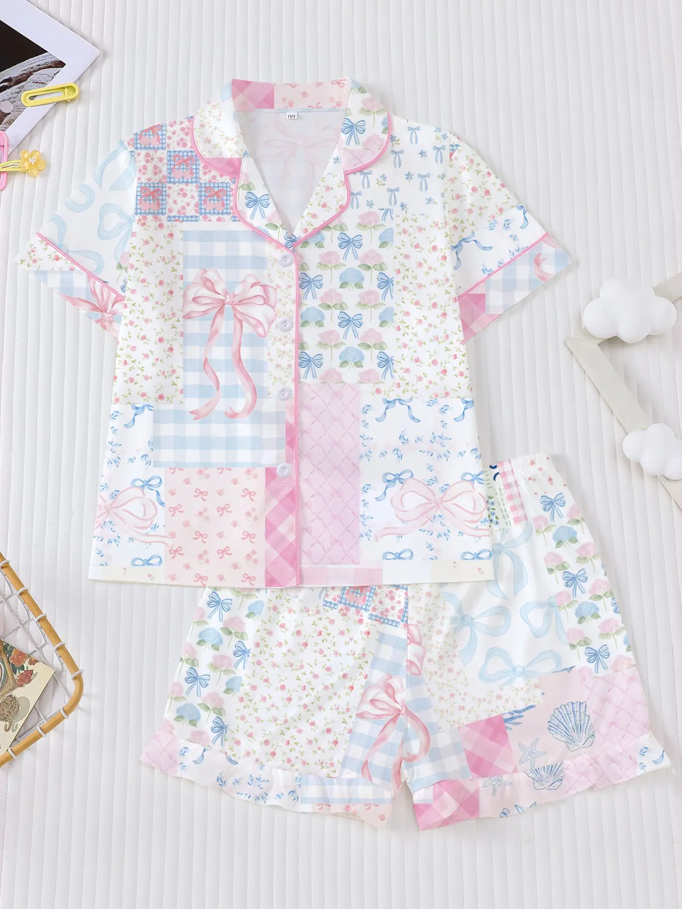 2-Piece Kids Pajama Set, Flame-Resistant Summer Short Sleeve Shorts, Cute Bow Flower Plaid Print, Casual All-Season Home Wear, All Seasons Pajamas, Cartoon Pattern Pajamas