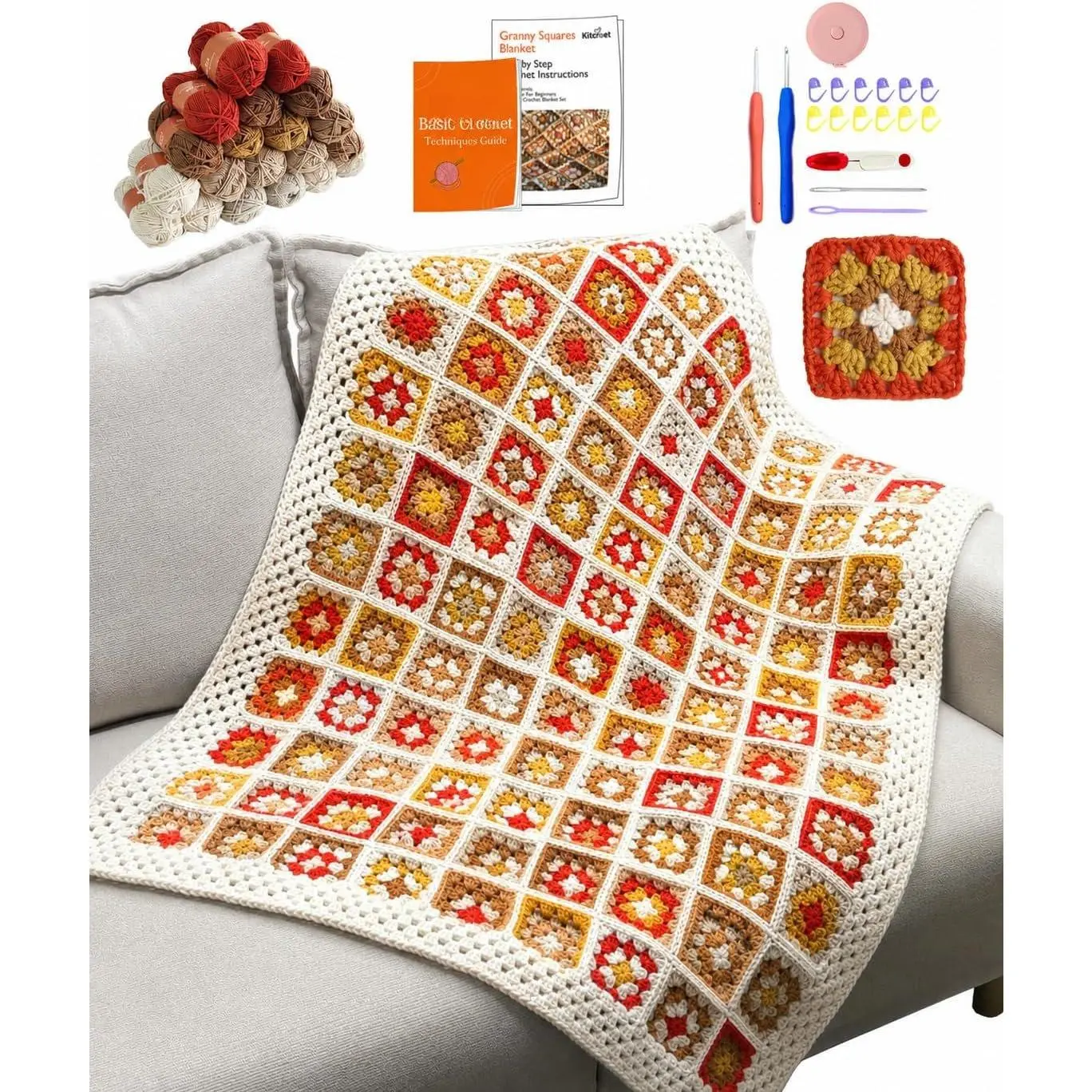 Crochet Kit, Complete Starter Kit for Beginners, Large Granny Squares Blanket with Video & Writtern Instructions, 20 Skeins 7 Colors, Easy to Learn Crochet Kit