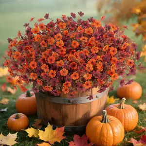 12 Bundles Orange-Brown Fall Mums with Eucalyptus & Boxwood - Fade Resistant Artificial Flowers for Summer to Fall Porch, Patio, Garden, Planter & Thanksgiving Decor, No Watering, All-Weather, UV Resistant