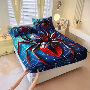 3Pcs Spider Pattern Fitted Sheet Set, Red Blue Comfy Bedding Set, Soft Microfiber Fabric, Deep Pocket Design Fitted Sheet Set, Perfect Bedroom Bedding Decor for Teen, All Season. Includes 2 Pillowcases, No Pillow Core