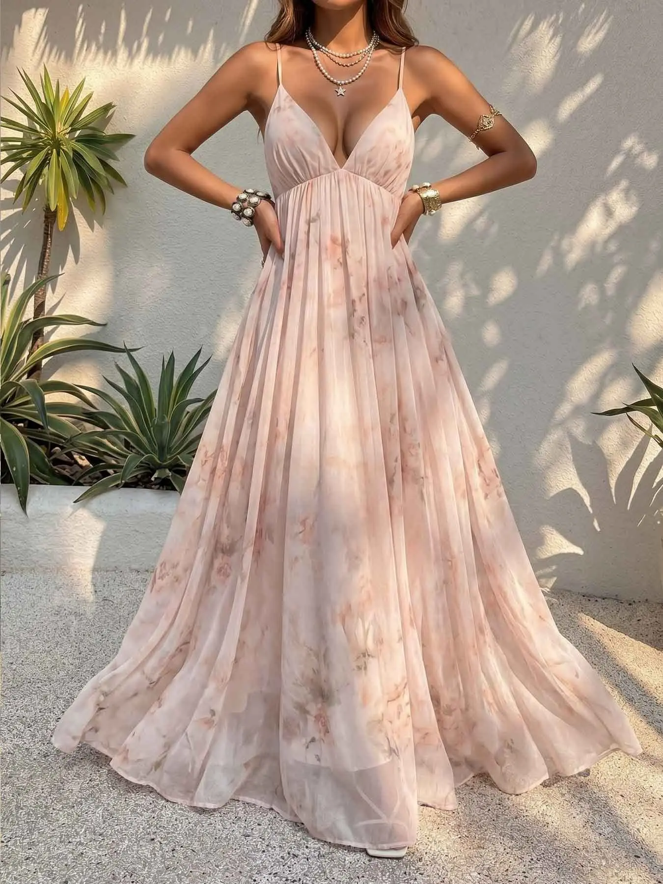 Women Blush Watercolor Floral Deep V Spaghetti Strap Chiffon Flowy Maxi Bohemian Vacation Dress, Elegance, Pleated Chiffon Floral Sleeveless Beach Sundress, Pastel Pink Ink Flower Empire Waist Adjustable Strap Wedding Guest Maxi Dress