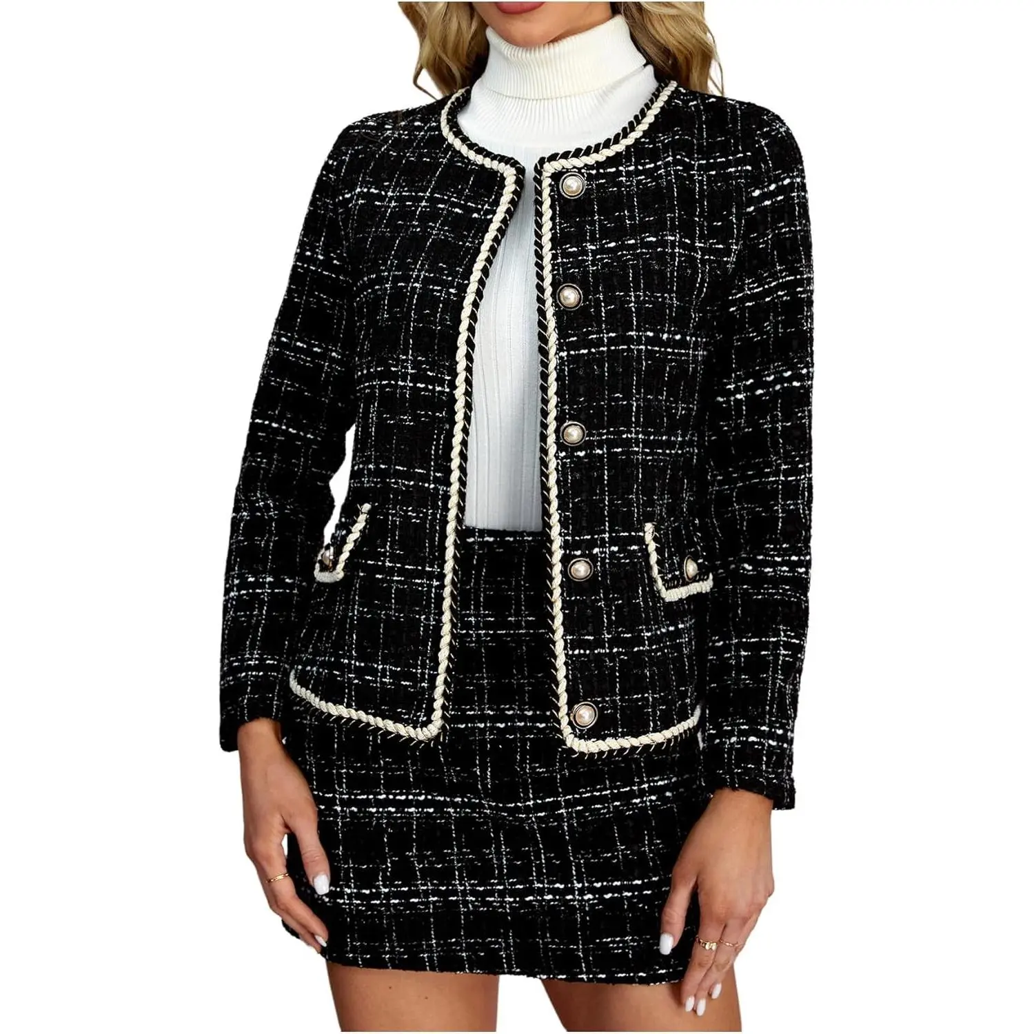 Women's 2 Piece Outfits Plaid Button Front Long Sleeve Tweed Jacket and Mini Skirt Elegant Set