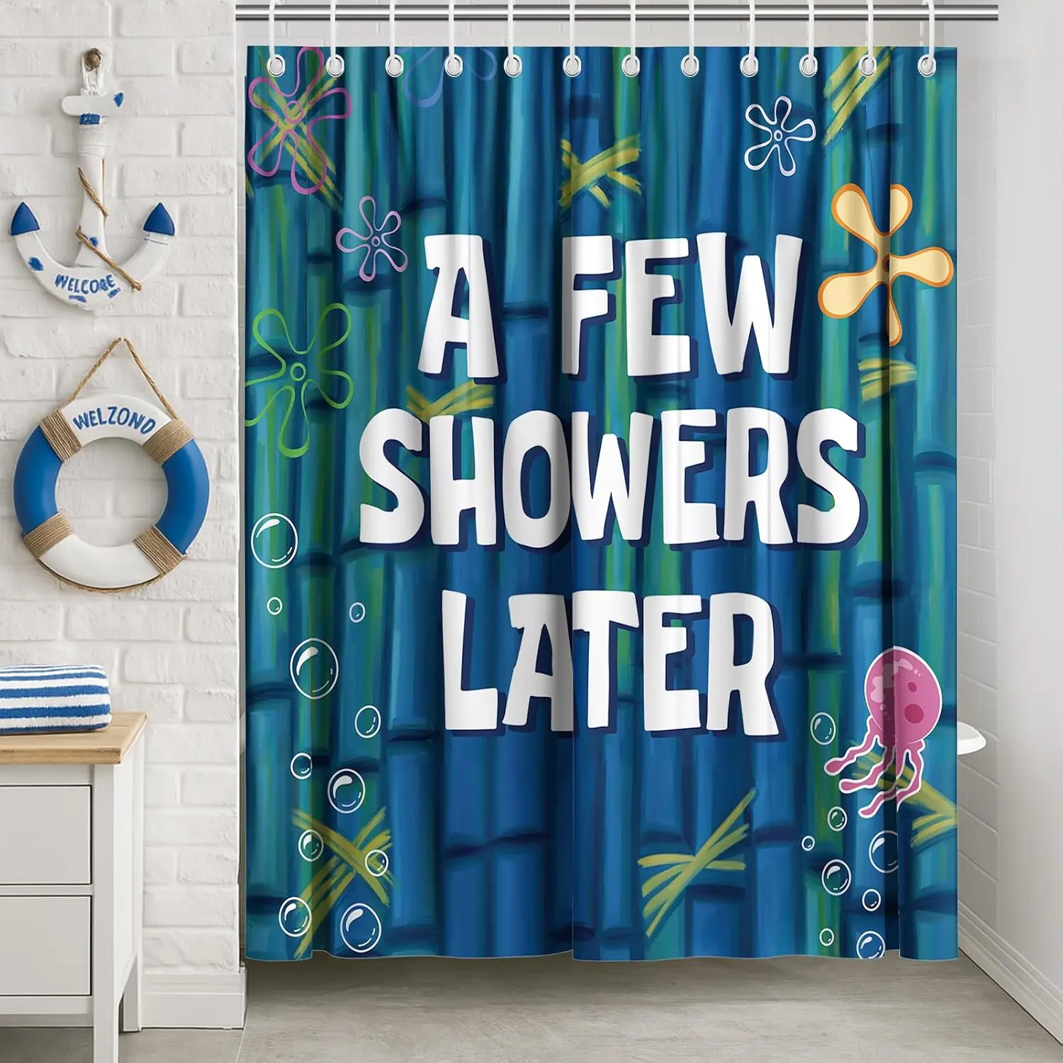 Polyester Waterproof Funny Shower Curtain with Hooks - Cartoonish Ocean Splash Design, Weighted Lead Chain, Blue Sea Bathroom Decor for Humor Lovers, Fabric Water Containment, Whimsical Ocean Theme Accessory, Whimsical Shower Curtain