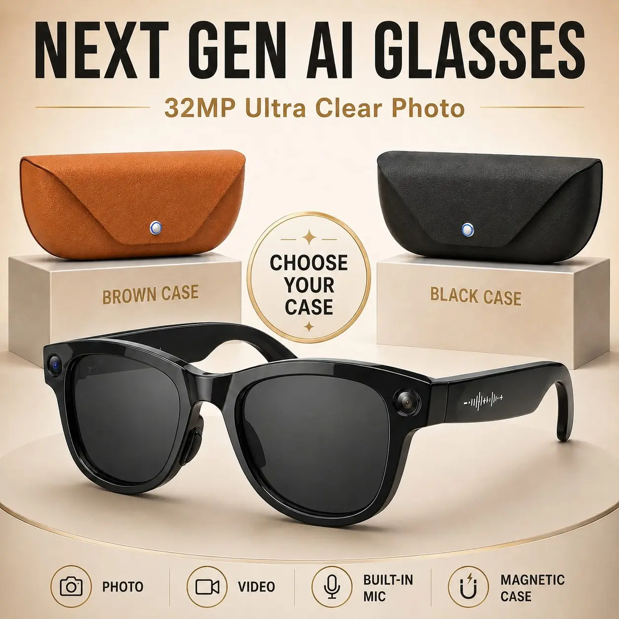 Smart Sunglasses Men with  32MP Ultra Clear Photo, Dual Lenses Included, Open-Ear Audio, Real-Time AI Translation, Voice Assistant & Premium Leather Charging Case, Bluetooth 5.3