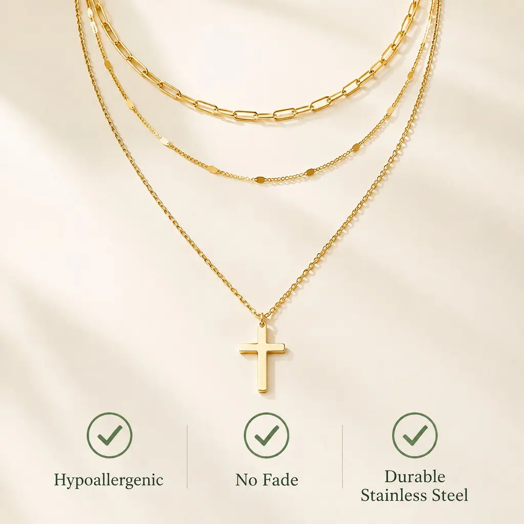 Women's 3-Piece Simple Layered Cross Necklace Set - 14K Gold-Plated Stainless Steel Paperclip, Satellite Pendants, Hypoallergenic Adjustable Chains for Daily Wear & Gifting