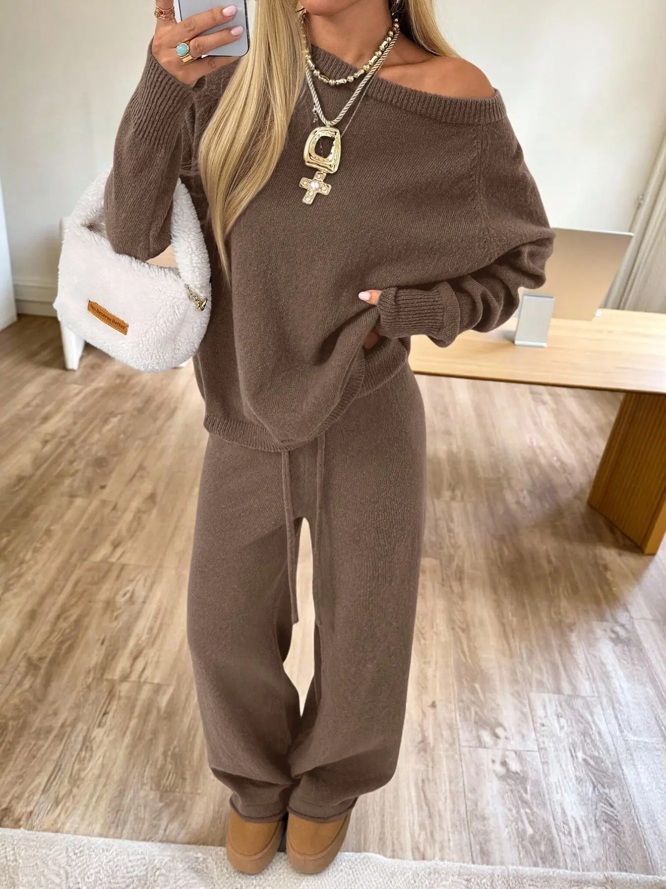 2 Piece Set Y2K Fashion Elegant Women's Loose Fit Round Neck Knit Top and Pants, Long Sleeve Pullover, Casual All Season