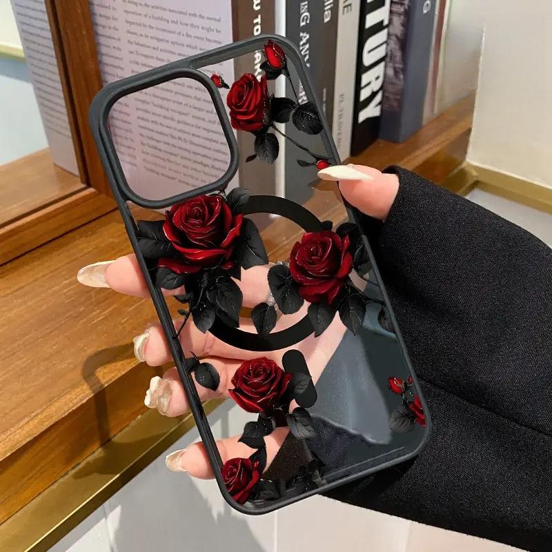 Elegant Red Roses Pattern Magnetic Phone Case Shockproof Non Slip Protection TPU Transparent Acrylic Cover Cellphone Protective   Supports Wireless Charging Smartphone for iPhone 17 15 16 14 Pro Max 13 12 Air Plus