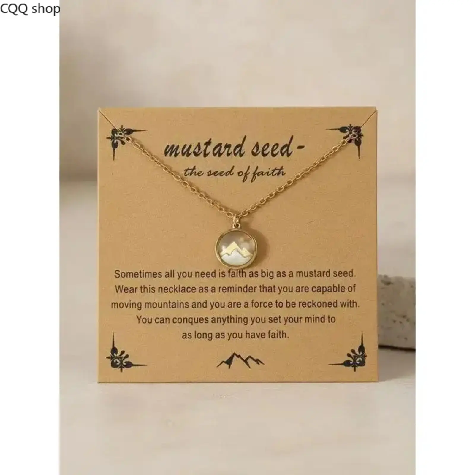Unisex Mustard Seed & Mountain Amulet Necklaces - Gold-Finish Stainless Steel Pendant, Robust Alloy Chain, Elegant Daily Wear Religious Jewelry Accessory